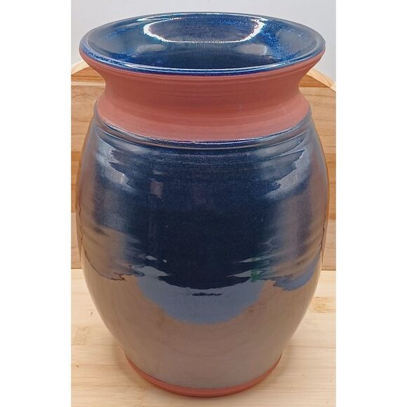 Vintage Handmade Wheel Thrown Earthenware Cobalt Blue Glazed Planter Vase - Picture 1 of 16